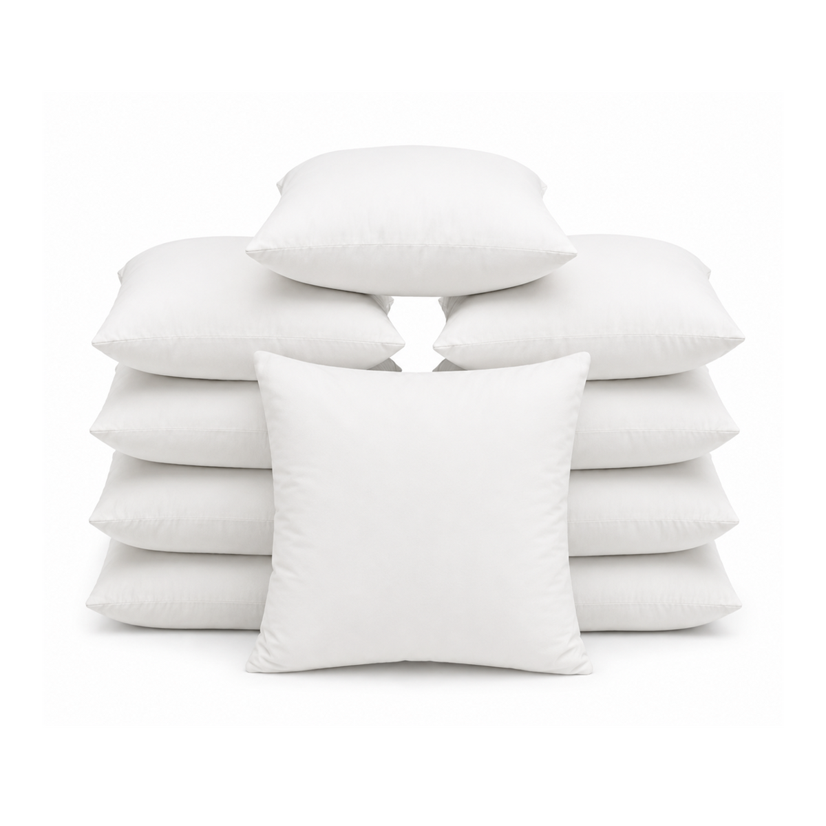 Stapel van 10 witte binnenkussens 30x50 cm, rechthoekig memory foam vulkussen op witte achtergrond