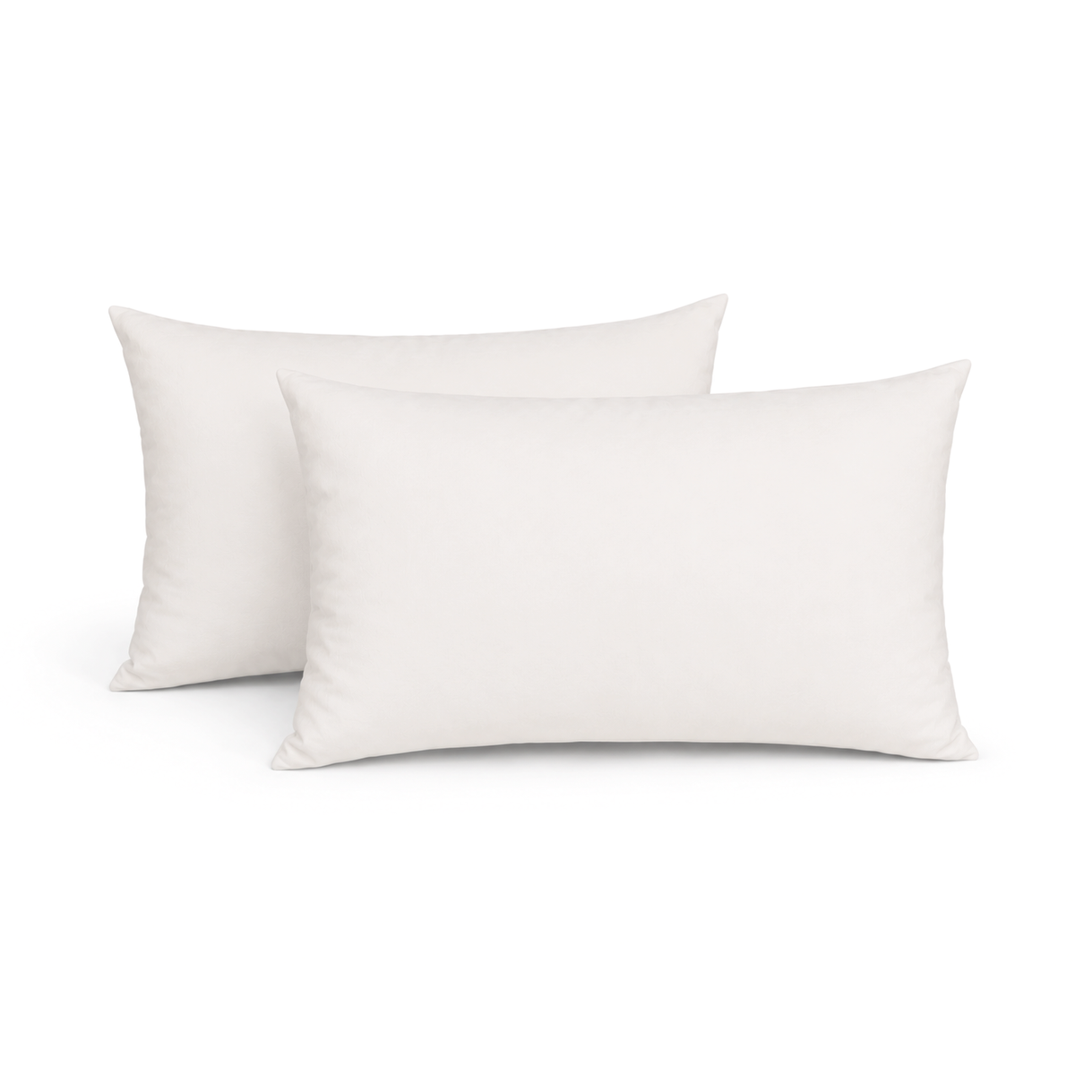 Set van 2 witte binnenkussens 30x50 cm met eendenveren, liggend op witte achtergrond