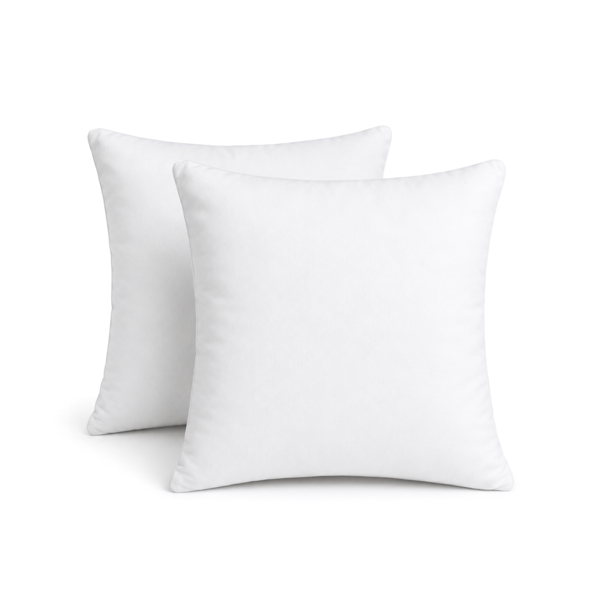 Set van 2 witte 40x40 cm polyester binnenkussens, vierkant op een witte achtergrond