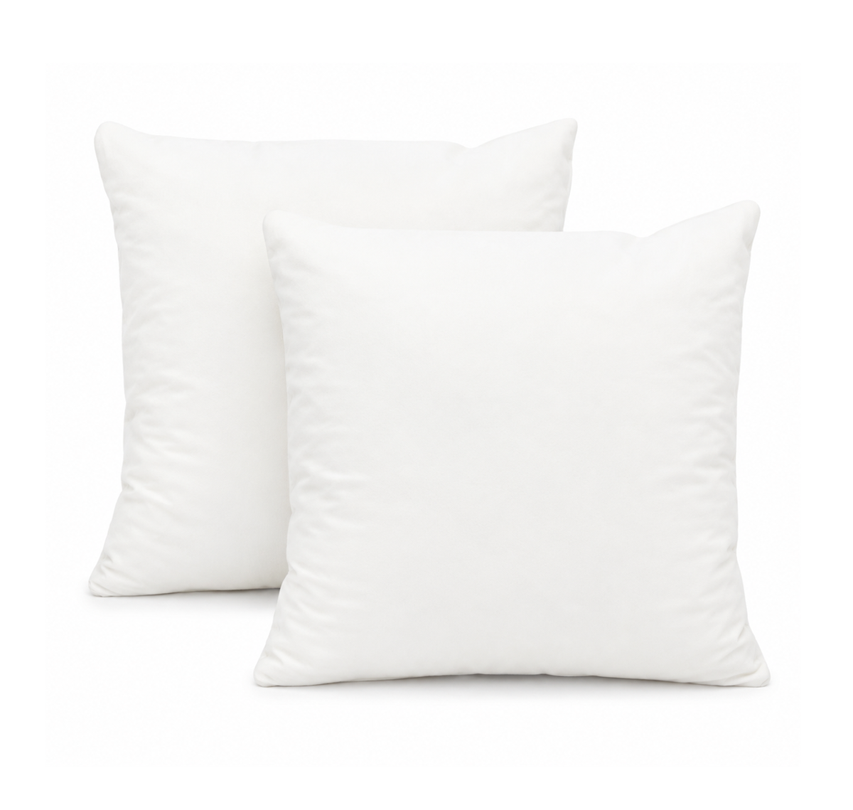 Set van 2 witte 40x40 cm binnenkussens, vierkant model met polyester tijk op witte achtergrond