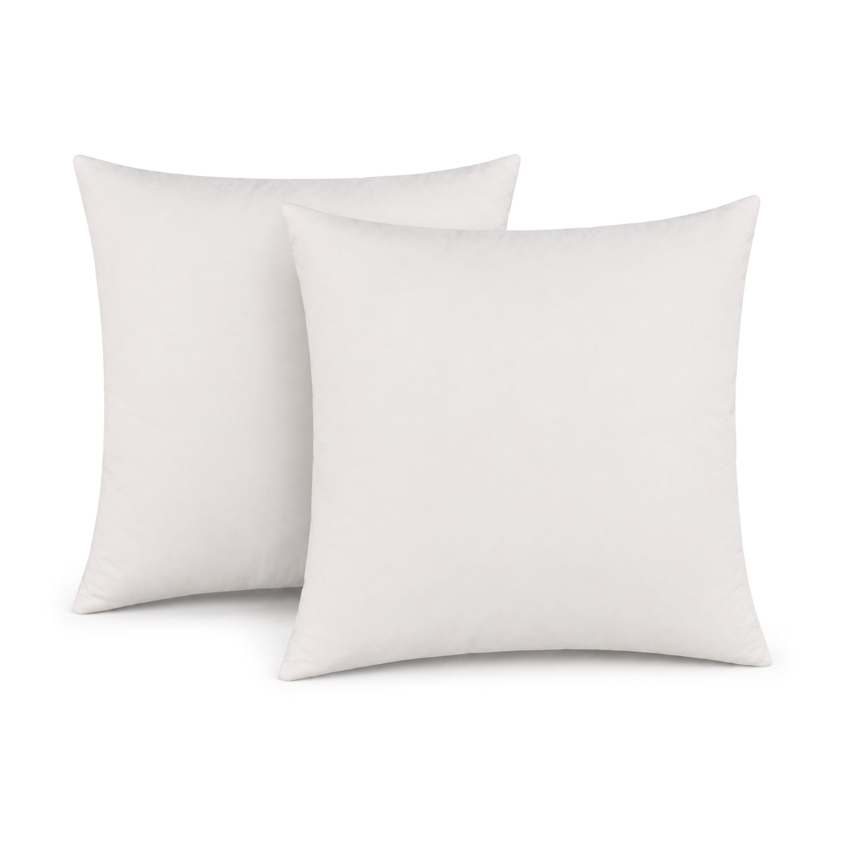 Set van 2 witte binnenkussens 45x45 cm, eendenveren vulkussen, los op een witte achtergrond