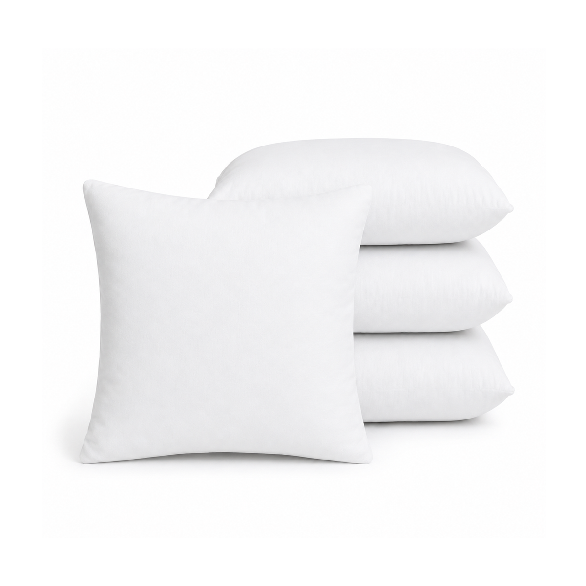 Set van 4 witte polyester binnenkussens 40x40 cm, gestapeld op witte achtergrond