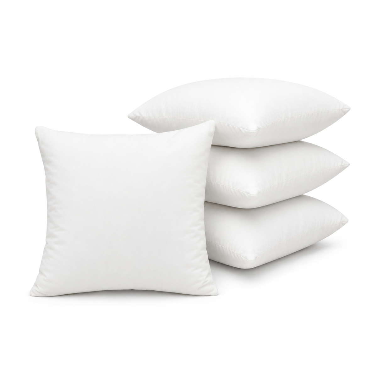 Set van 4 witte binnenkussens 45x45 cm, gevuld met memory foam en polyester, gestapeld op witte achtergrond