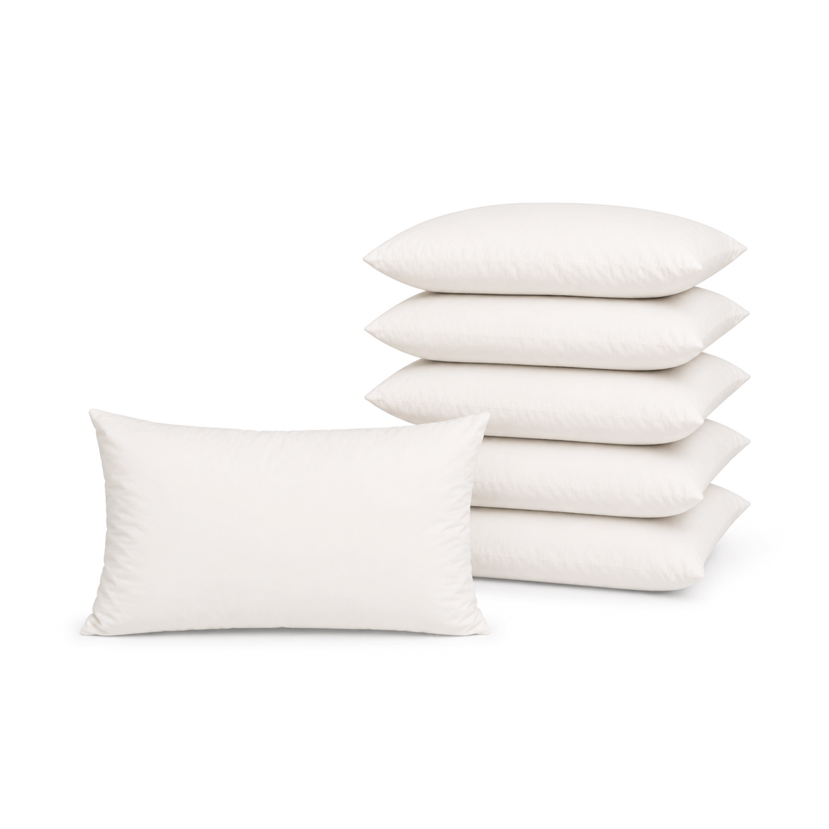 Set van 6 witte binnenkussens 30x50 cm van memory foam, gestapeld op een witte achtergrond