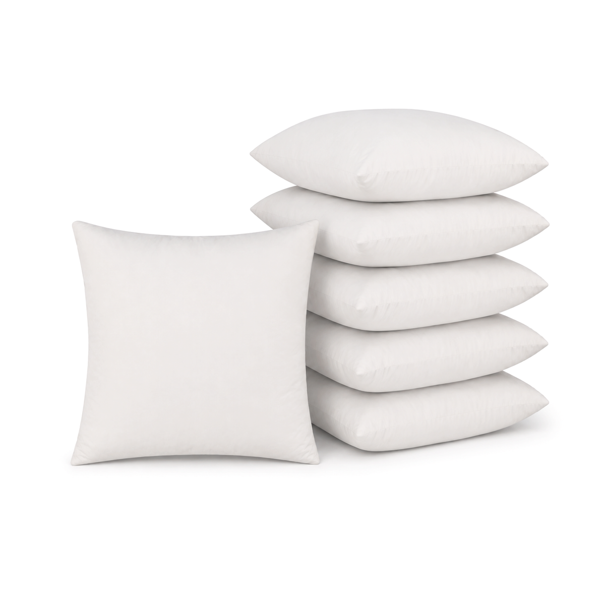 Set van 6 witte binnenkussens 40x40 cm, één recht van voren en vijf gestapeld
