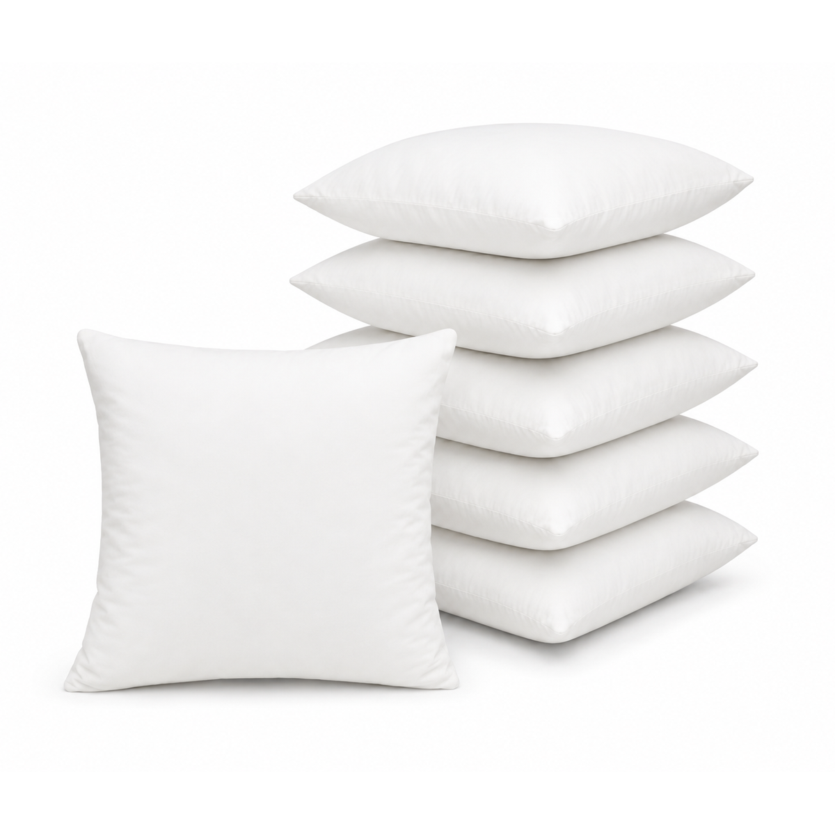 Set van 6 witte binnenkussens 45x45 cm van memory foam en polyester, gestapeld op witte achtergrond