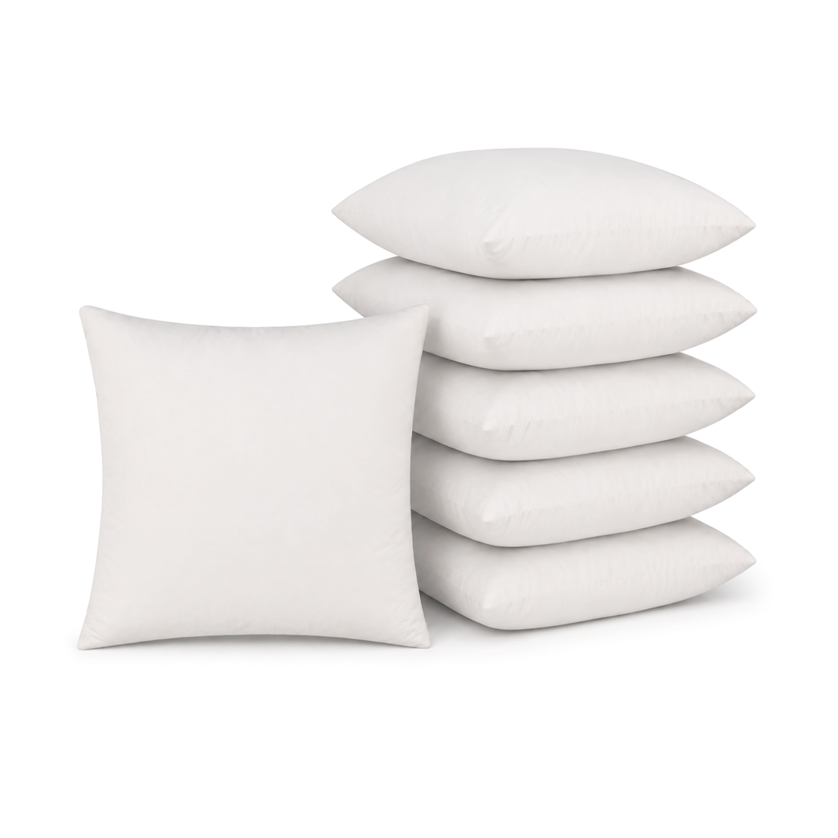 Set van 6 witte binnenkussens 45x45 cm met eendenveren, gestapeld en los geplaatst