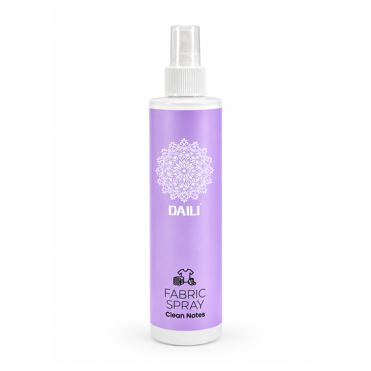 Paarse textielverfrisser sprayflacon van 300 ml, met witte pomp en label voor fabric spray