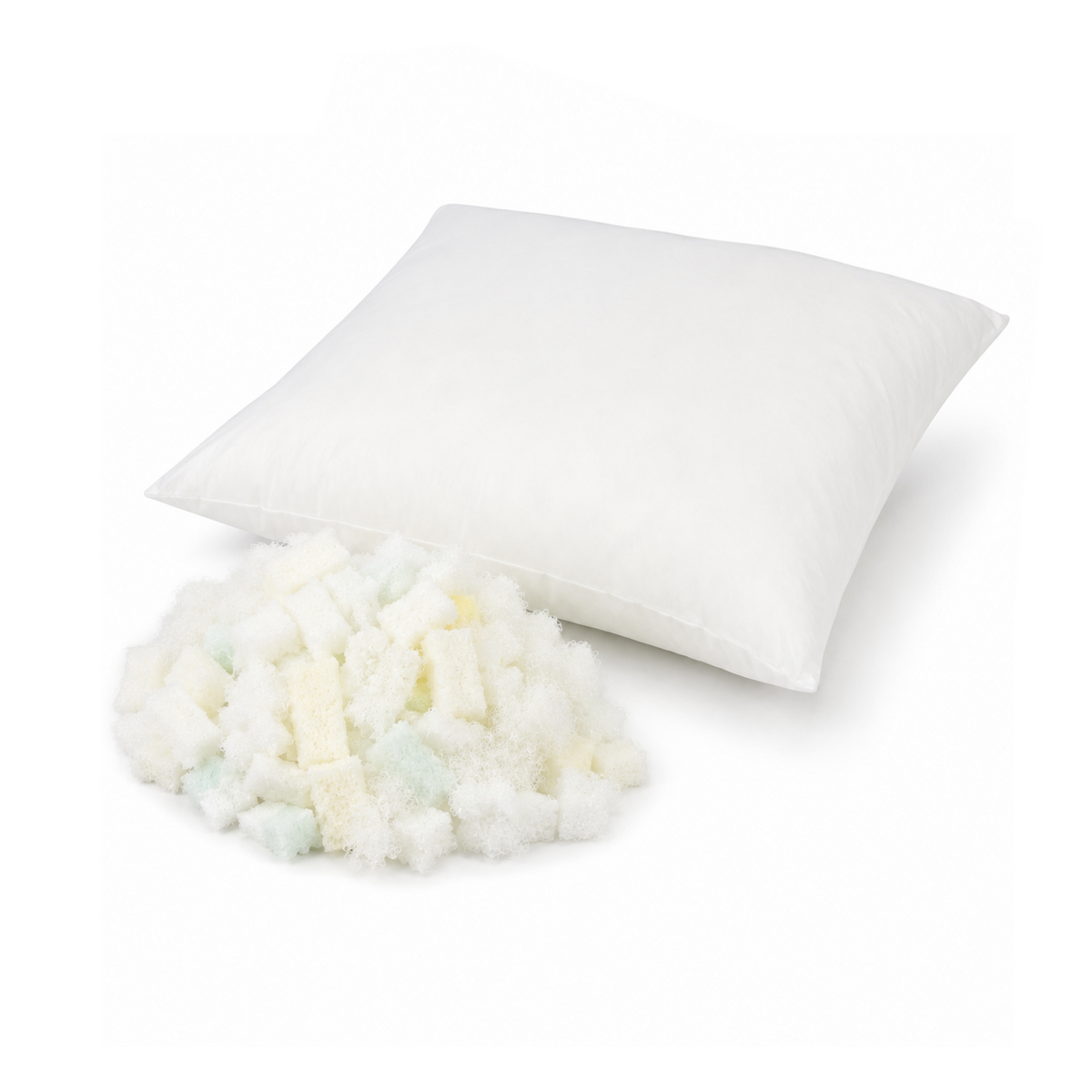 Wit rechthoekig binnenkussen met open vulling van memory foam en polyester op een witte achtergrond